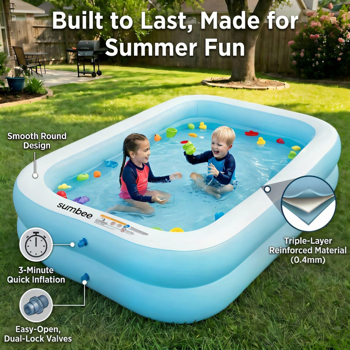 Sumbee Inflatable Pool for Kids and Adults, 103" x 69" x 20" Oversized Thickened Blow Up Swimming Family Pool for Toddlers Outdoor Patio Backyard Garden Deck Summer Party, Full Size Rectangular Blue