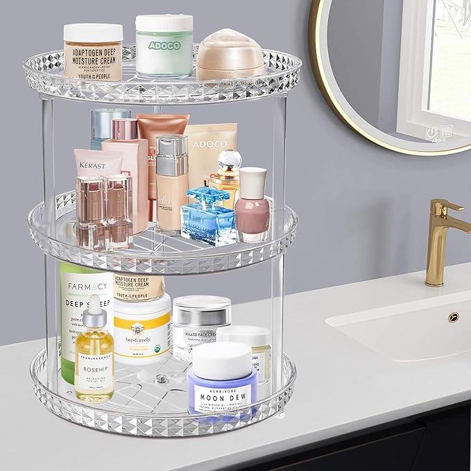 3 Tier Diamond Lazy Susan Bathroom Organizer Countertop, Clear 360 Rotating Cosmetic Makeup Organizer for Vanity, Skincare Organizers Perfume Organizer for Counter - Organization and Storage -9.25INCH