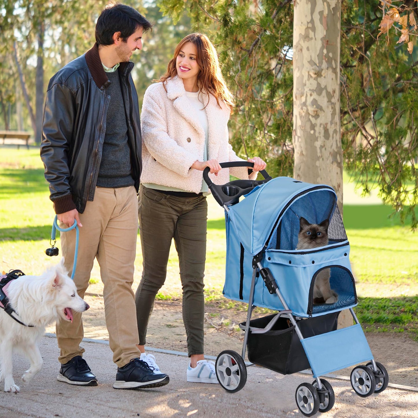 LEMY Pet Stroller,4 Wheels Dog Cat Stroller for Small Medium Dog Cats Carrier Jogger Travel Foldable Puppy with Storage Basket and Cup Holder(Blue)
