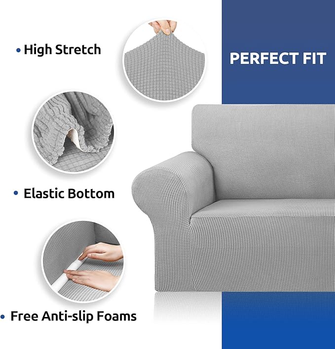 KEKUOU Stretch Oversized Sofa Slipcover 1 Piece Couch Sofa Cover (94"-110") Furniture Protector 4 Seater Sofa with Elastic Bottom for Kids,Pet.Jacquard Checked Pattern Fabric(X Large,Silver)