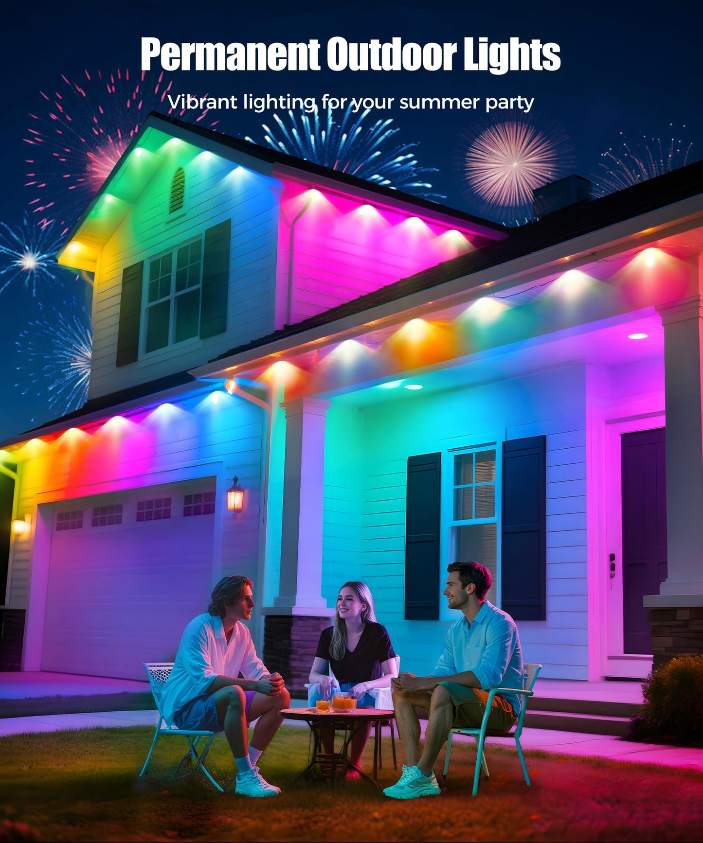 POOFZY Permanent Outdoor Lights for House, 200ft RGB+IC Smart Outdoor Decor, 50 Scene Modes, App/Remote Control, IP68 Waterproof, for Christmas, Holiday, Daily & Pool Party Decor, House Roof Lighting