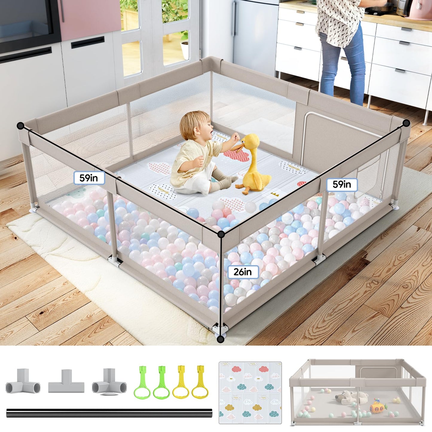 Fodoss Baby Playpen with Mat, 59x59in Playpen for Babies and Toddlers, Kids Play Pen, Extra Large Baby Fence for Infants with Playmates, Toddler Playard