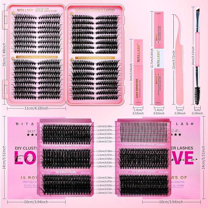 Lash Clusters Kit Eyelash Clusters Kit 3D Effect Cluster Eyelash Extensions Large Pack Cat Eye Lashes Clusters Lash Extension Kit PestaÃÂ±as Postizas Naturales+Lash Bond&Seal,Remover,Tools(Lash Kit-9)