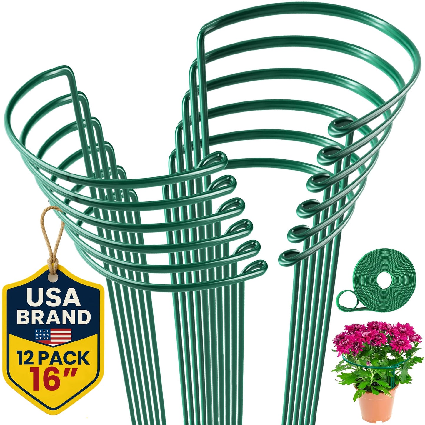K-Brands 12 Pack Plant Support Stakes â Heavy-Duty Half Round Peony Support Ring and Cage for Indoor and Outdoor Plants â Peony, Tomato, Hydrangea, Rose 10" Wide x 16" High