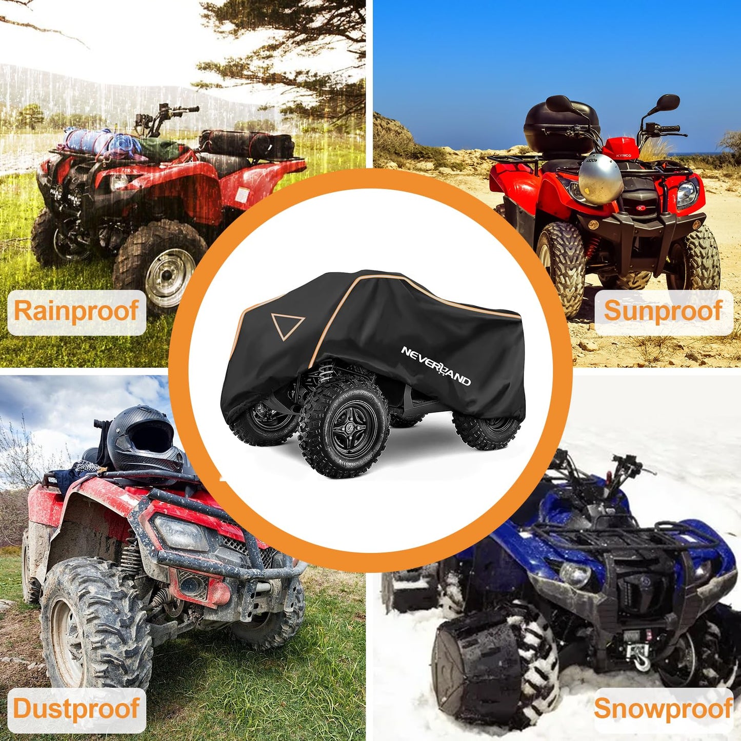 NEVERLAND ATV Cover 420D Waterproof Heavy Duty 4 Wheeler Cover Quad Cover All Season Weather Proof Outdoor UV Protection for Polaris Yamaha Suzuki Honda (Black & Orange Large)