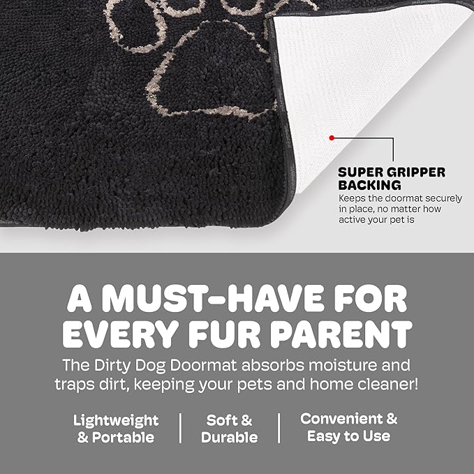 Dog Gone Smart Dirty Dog Doormat - Fast Drying Rug with Super Gripper Backing for Clean Floors - Super Absorbent and Machine Washable Mat for Muddy Paws - Black Hue