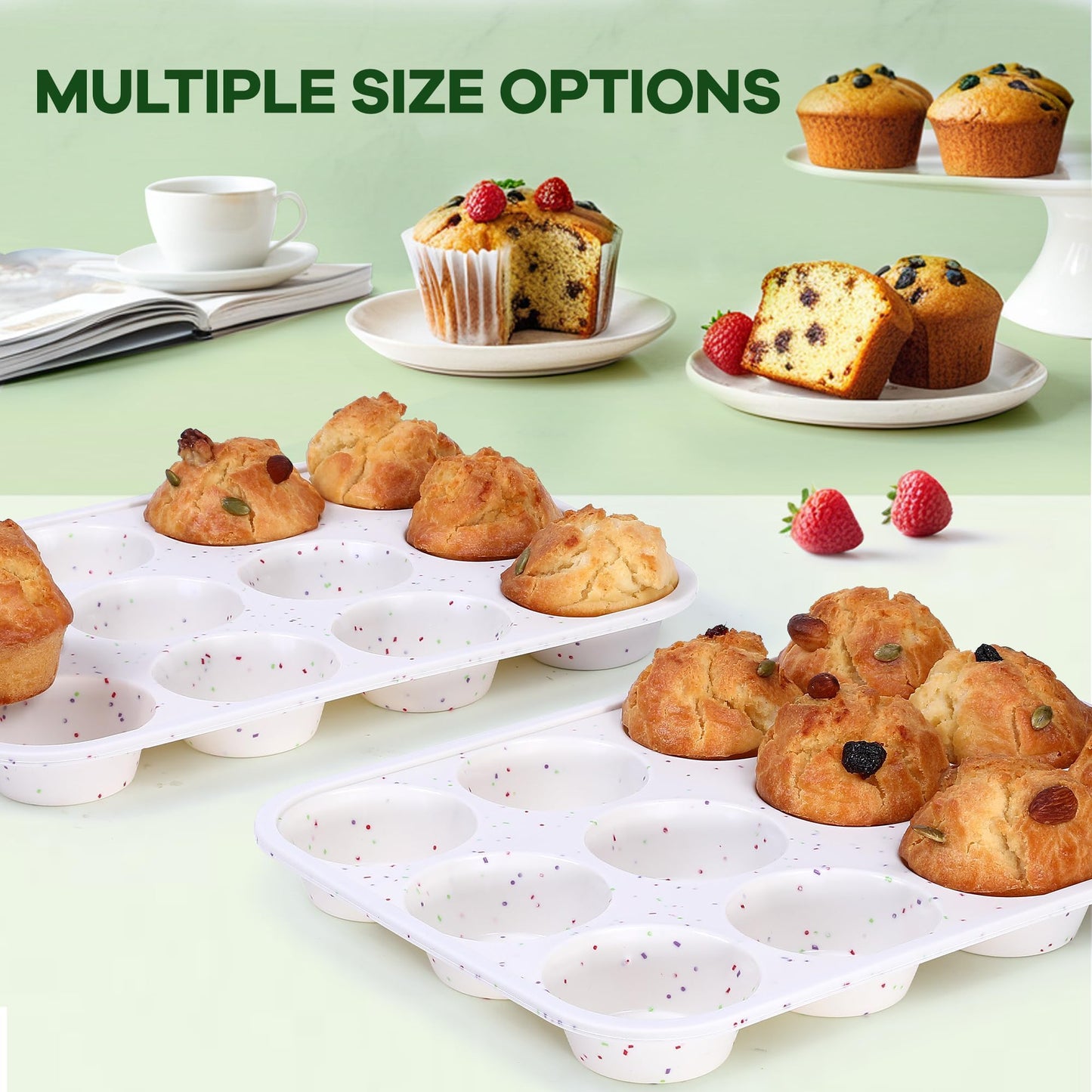 Fimary Muffin Pan - 12 Cups Silicone Muffin Pan Non-Stick Food Grade Silicone Cupcake Pan for Muffins,Tart, BPA Free - Standard Cup Size - Diameter 2.8" Depth 1.2" - Set of 2 Cream With Rainbow Dots