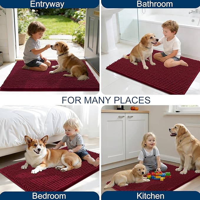 OLANLY Dog Door Mat for Muddy Paws 40x32, Ultra Absorbent Chenille Mud Doormat, Non-Slip Washable and Dirt Trapping Doormat for Indoor Entryway, Quick-Dry Indoor Pet Bed Mats for Dogs, Burgundy