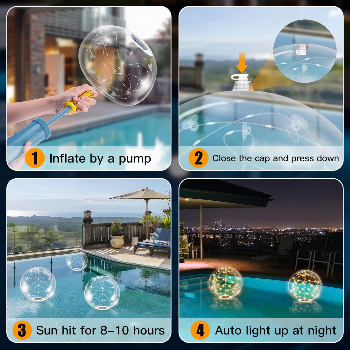 afzdby Floating Pool Lights Solar Powered,14 Inch 3000K Warm White Inflatable Glow in The Dark Balls,IP68 Waterproof Led Light up for Inground Pool,Christmas Decorations Outdoor Ornaments