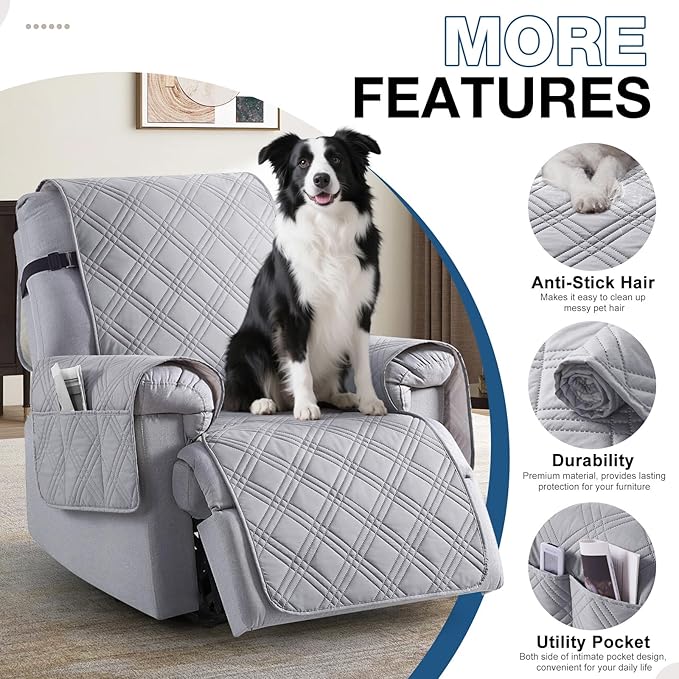 TAOCOCO 100% Waterproof Recliner Chair Cover with Double Straps, Oversized Recliner Covers for Large Recliner Chair, Non Slip Reclining Chair Cover for Kids, Pets(28'', Light Grey)