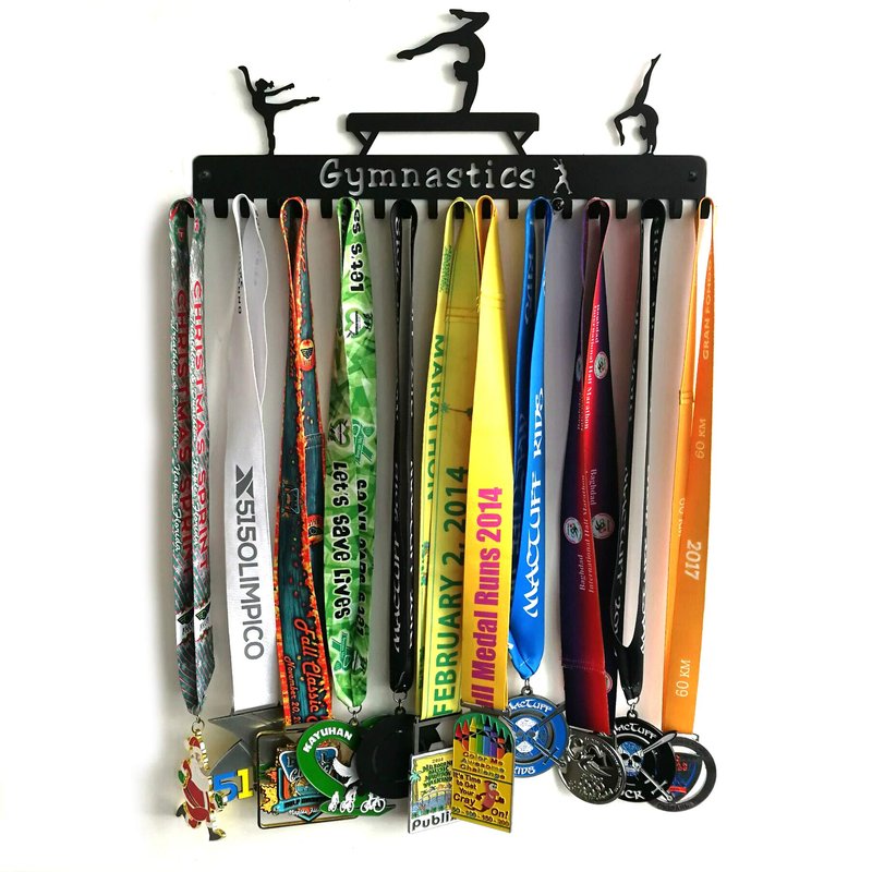 URBN BY MODERN HOME FINISHINGS Metal Wall Mount Gymnastics Medal Hanger Display and Lanyard Ribbon Holder Rack, 20 Easy Hang Hooks, Medal Holder Wall Decor, Great Gift for Gymnasts, Black