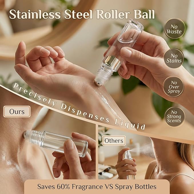 PrettyCare 12 Pack, 10 ml Essential Oil Roller Bottles with Stainless Steel Roller Ball - Refillable Leak-proof Empty Thick Clear Glass Roll on Bottles with Black Caps for Travel, Perfume