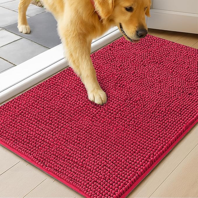 MudGuard Mat™ Dog Door Mat for Muddy Paws, Super Absorbent Microfiber, Non-Slip Indoor Mat, Quick Dry Chenille Mud Mat for Dogs & Entryway, Washable, Red 36" x 60"