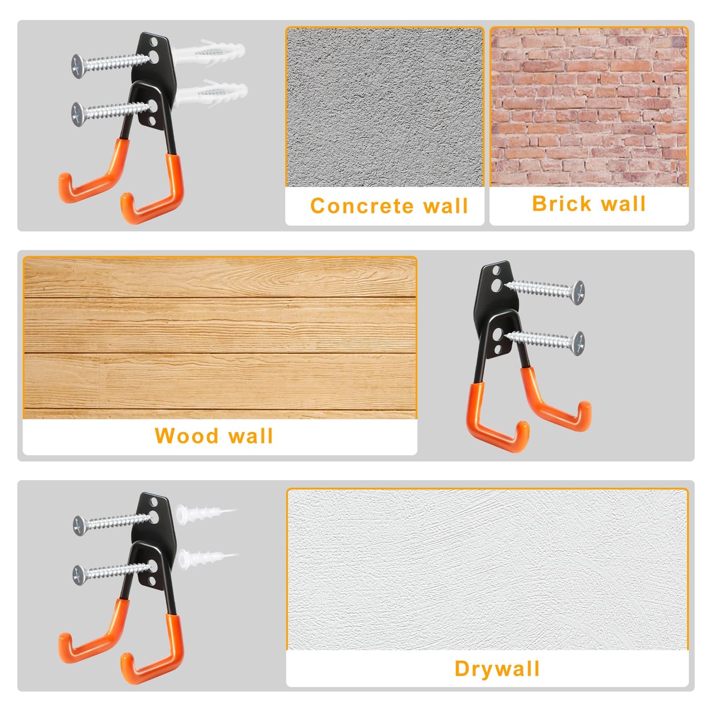 KURUI Heavy Duty Wall Hook for Hanging, 2 Pack Garage Tool Organizer Wall Mount, Metal Garage Storage Hooks for Ladder,Extension,Garden Tool, Small Utility Hook, Hose Holder for Outdoor and Indoors