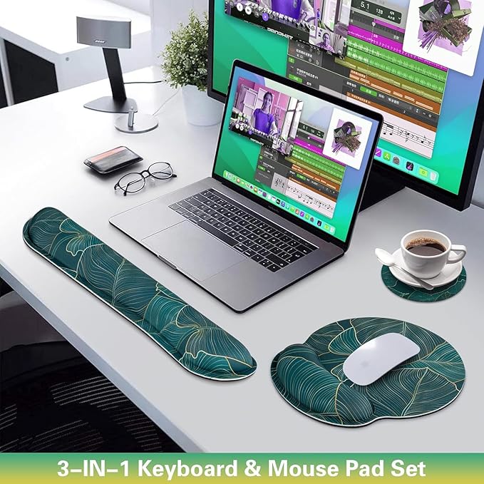 Mouse Pad with Wrist Rest Set, 3-in-1 Wrist Support Mousepad Set, Gaming Mat Pad with Anti-Skid Base,Ergonomic Mouse Pad Green,Memory Foam Gel Wrist Rest for Computer Keyboard