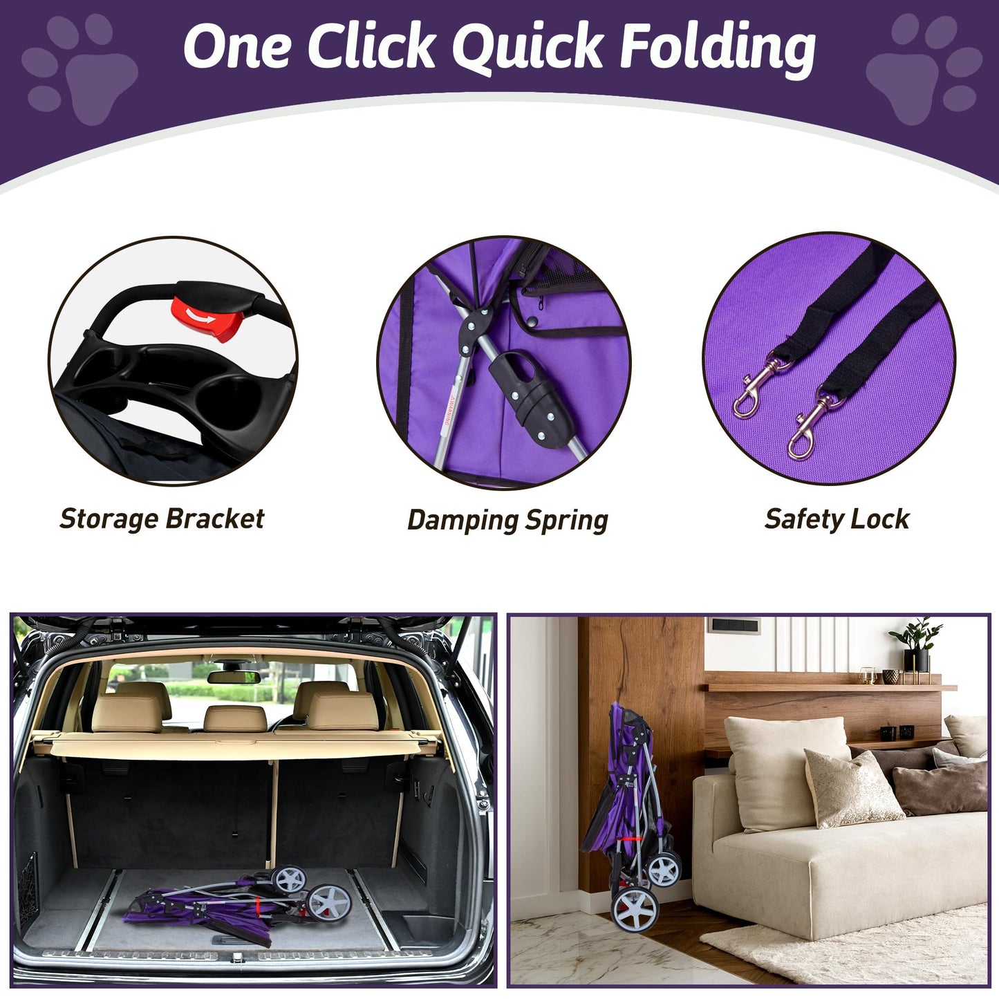 Azaeahom Pet Stroller, 4 Wheels Pet Strolling Cart for Medium/Small Dogs and Cats, Foldable Cat Jogger/Dog Stroller with Cup Holder, Storage Basket, Breathable Mesh, All-Season Pet Carrier, Purple