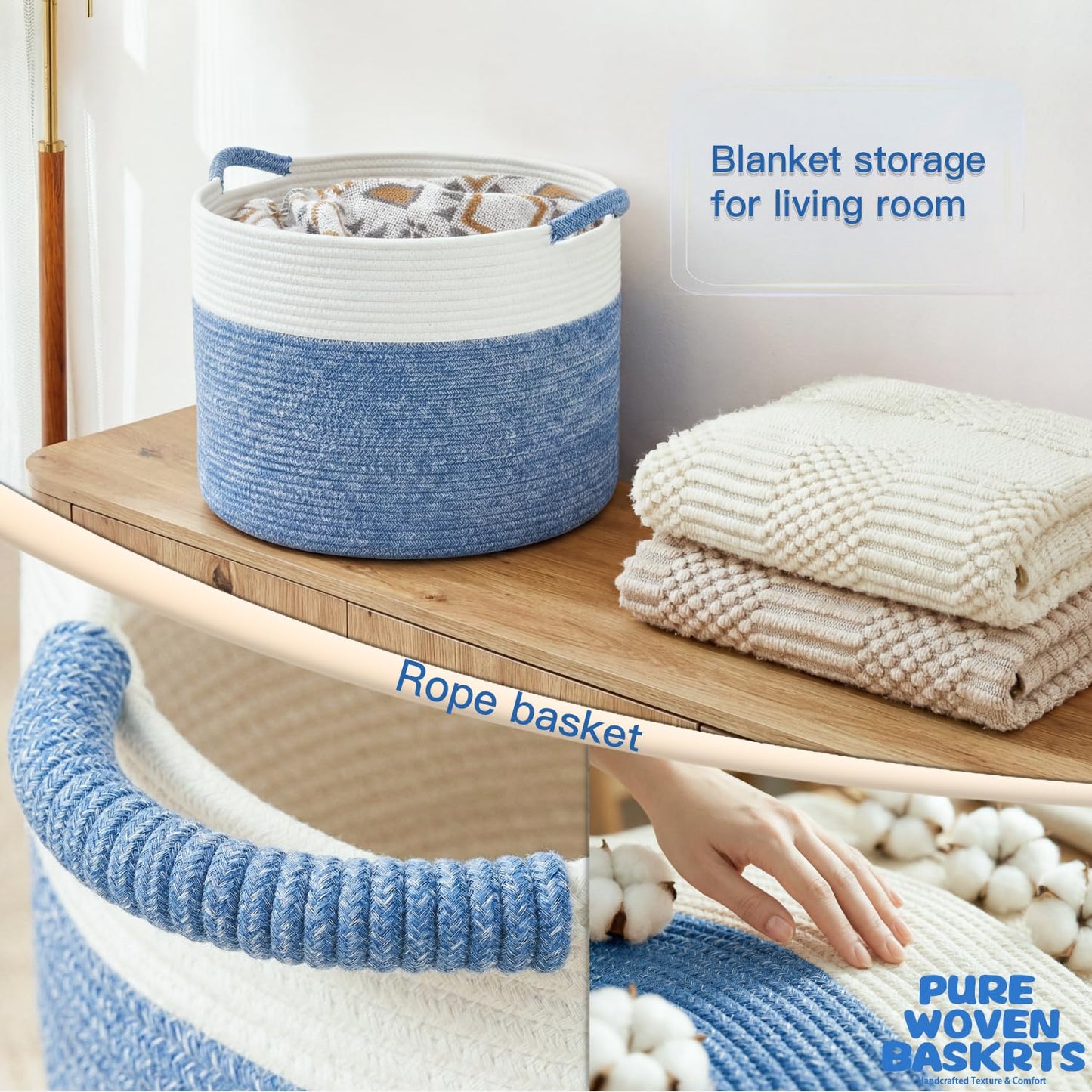 Artfeel 100L Large Cotton Rope Basket, Decorative Woven Blanket Storage for Living Room, Boho Toy Storage & Toy Box for Kids, Versatile Laundry Basket & Nursery Hamper for Blankets(DenimBlue)