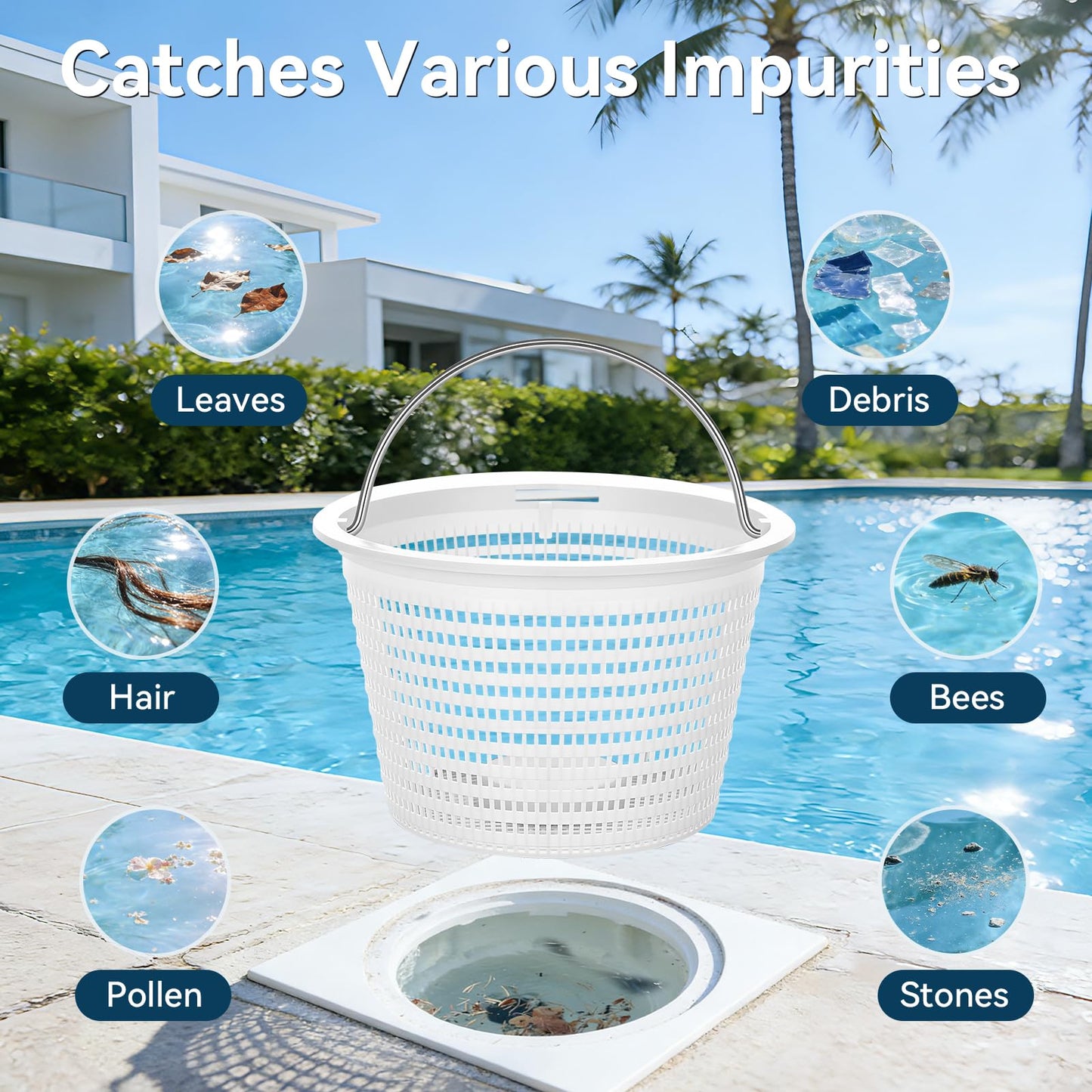 Monitok Pool Skimmer Basket for Inground Pools, Heavy-Duty with 316 Stainless Steel Handle & Built-in Weight, Compatible with Hayward SP1070/SP1070E Pool Basket and Pentair U-3 Skimmer Basket