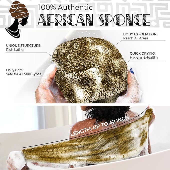 African Net Sponge Black and AntiGolden - 2 Pieces Authentic African Bath Sponges with Knots - Exfoliating Body Scrubber for Men - Back Scrub Exfoliator for Shower Bathroom Accessories