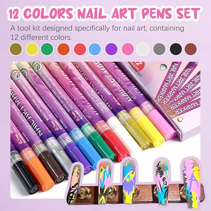 12 Color Nail Art Pens, 2026 Upgrade 0.5 MM Nail Polish Pens Drawing Painting Point Liner Acrylic Painted Pen Kit, DIY Nails Art Design Manicure Tools Christmas Gifts (2 Set)