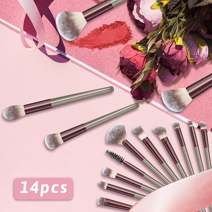 Makeup Brush Set, Premium Synthetic 14 Pcs Makeup Brushes, Travel Makeup Brush Set for Foundation, Concealer, Blush and Eyeshadow Brush(Red Brown)