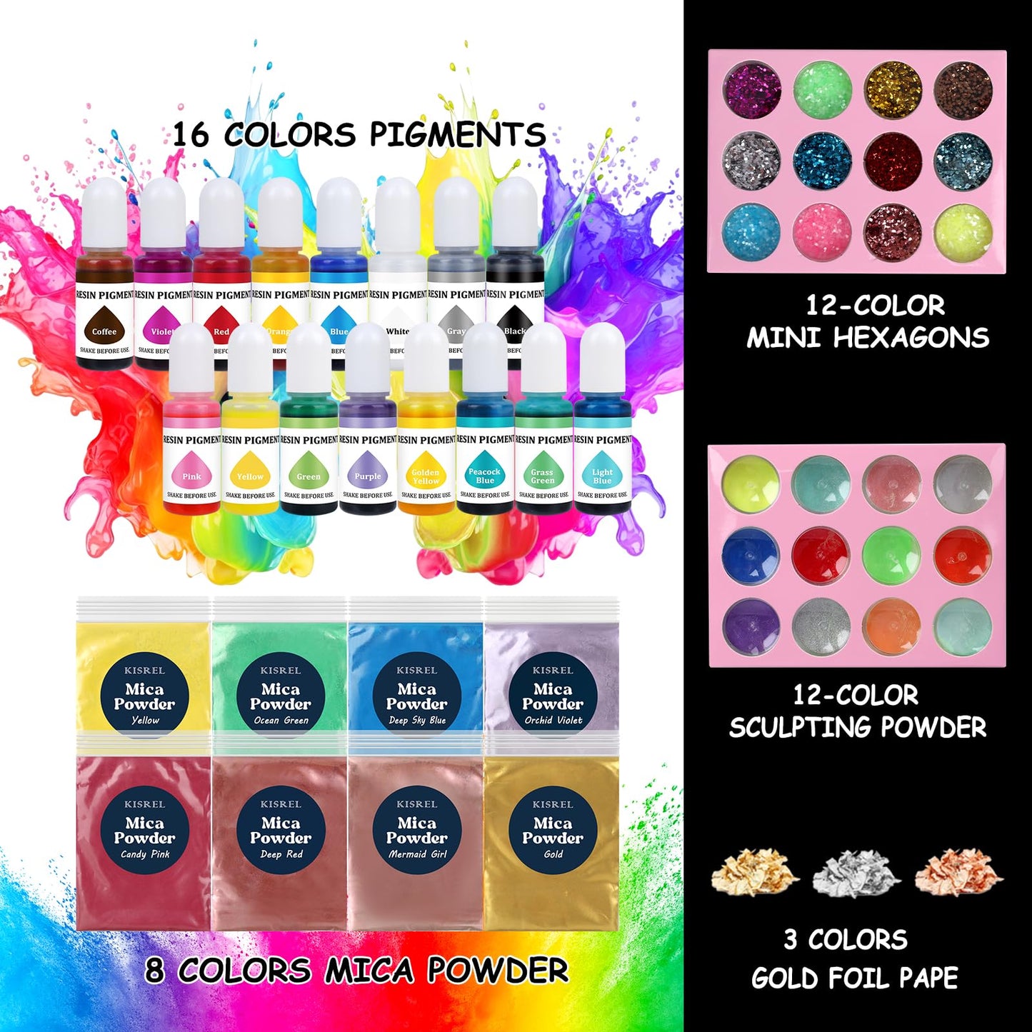 KISREL Epoxy Resin 1 Gallon - Clear Epoxy Resin Kit with 16 Pigments and 8 Colors of Mica Powders - No Yellowing No Bubble Casting Resina for Art Crafts, Jewelry Making & Resina Molds(1/2 Gallon x 2)