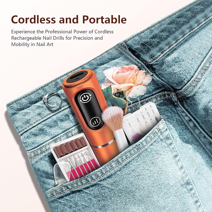 Cordless Nail Drill Electric Rechargeable File Kit, Professional Efile Acrylic Gel Nail Polish Remover Pedicure Manicure Machine Portable Set with 11 Bits 56 Sanding Bands for Salon Orange