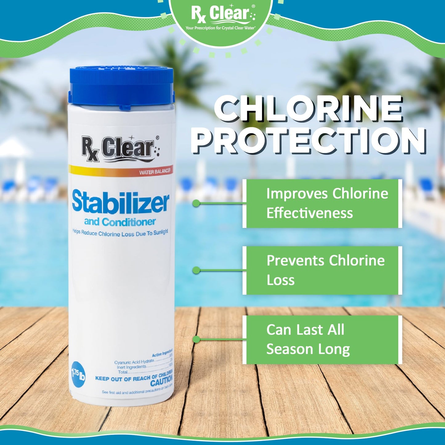 Rx Clear Swimming Pool Stabilizer and Conditioner | Water Balancer | Cyanuric Acid for Swimming Pools | Longer Lasting Sanitation | Helps Reduce Chlorine Loss Due to Sunlight | 25 Pounds