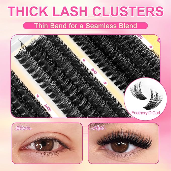 Fluffy Lash Clusters Kit 448Pcs, Wispy Volume (60D/80D/100D) D-Curl Cluster Eyelash Extensions 10-16mm + Bond & Seal Glue + Tweezers - Reusable 15+ Times, Natural to Dramatic Volume