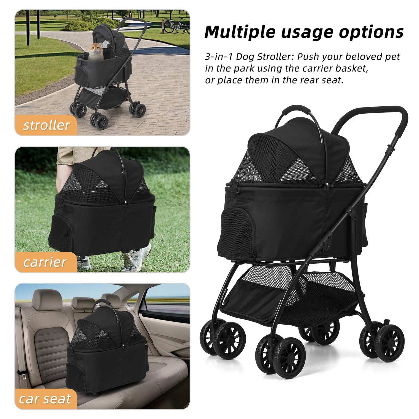 COOLCRAB Pet Stroller Quickly Folds for Easy Storage Cat Stroller with Detachable Carrier Thickened Oxford Cloth Breathable Basket Dog Strollers for Small Dogs (Grey)