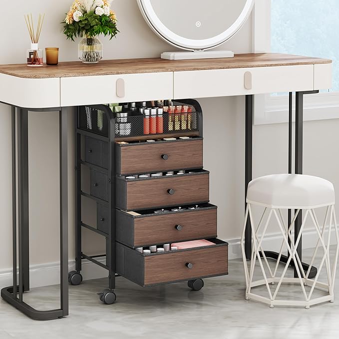 SWTYMIKI Rolling Makeup Organizer Cart - 14.96Ã¢ÂÂ³*11.81Ã¢ÂÂ³*27.55Ã¢ÂÂ³ Widened Under Desk Vanity Storage with 4 Non-woven Drawers, Cosmetic Display Cases for Skin Care Perfume Nail Polish Brush Hair Tool Black