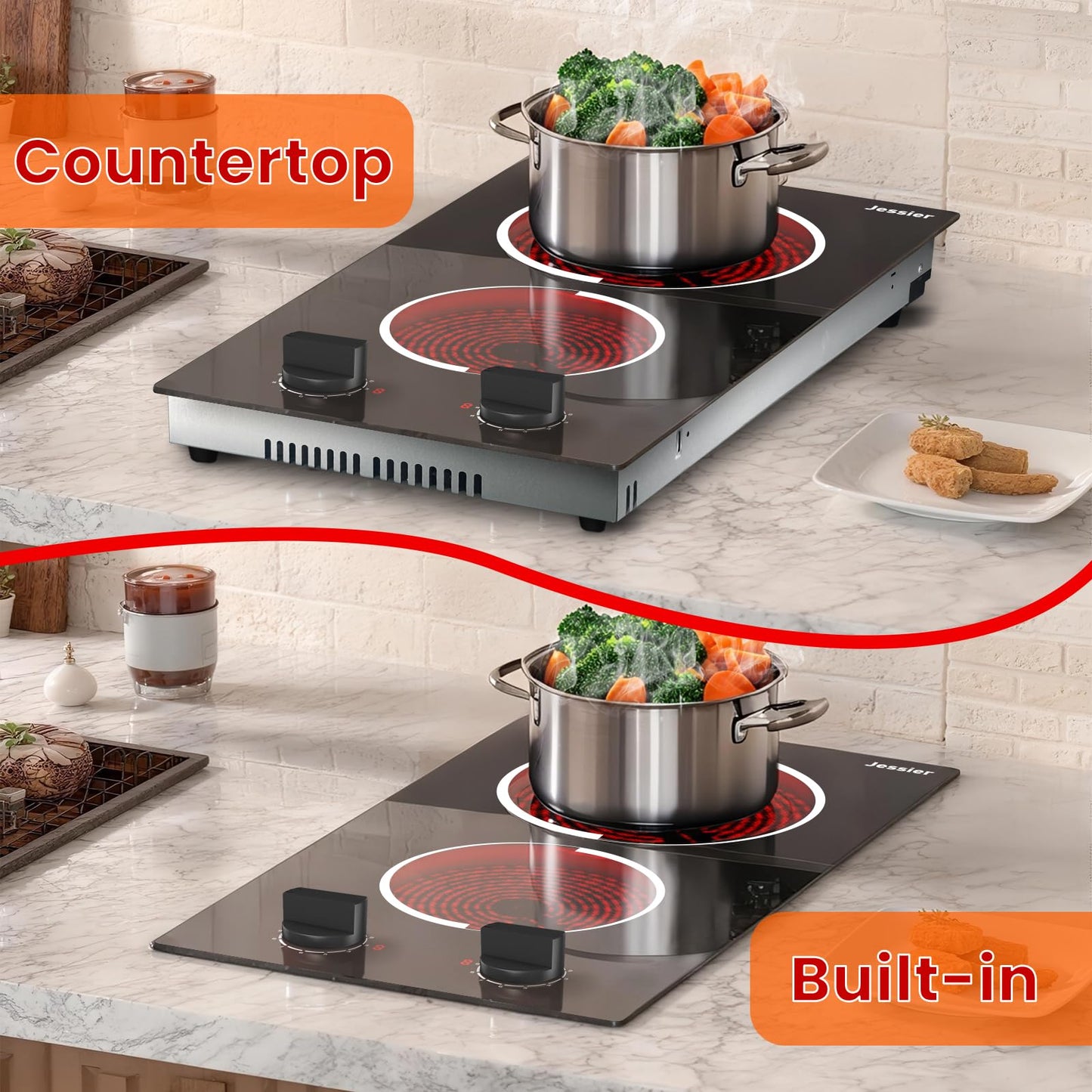 Jessier 2 Burner Electric Cooktop - 12 Inch Plug in Portable 110V Electric Cook Top Two Burner, Built-in & Countertop Ceramic Stove Top with Knob Control, 9 Power Levels and Overheat Protection