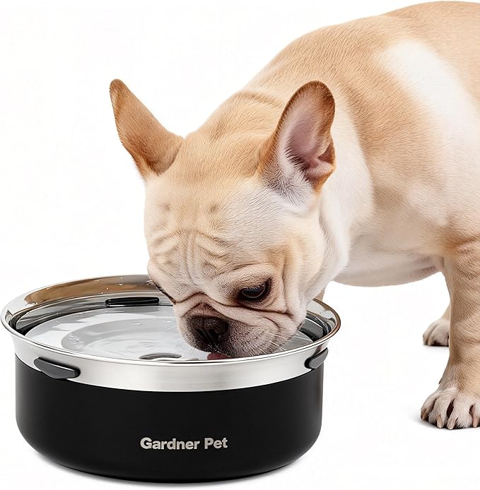 Gardner Pet Slow Water Bowl for Dogs, 2L/68oz Spill-Proof Pet Water Bowl with Floating Disk & Filter Screen, Stainless Steel No-Spill Water Dispenser for Medium Pets