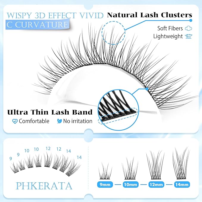 PHKERATA Natural Lash Clusters Wispy Eyelash Clusters 200Pcs Lashes Clusters C Curvature Individual Lashes DIY Cluster Eyelash Extensions with Soft Lash Band, 9-14 mm Mix