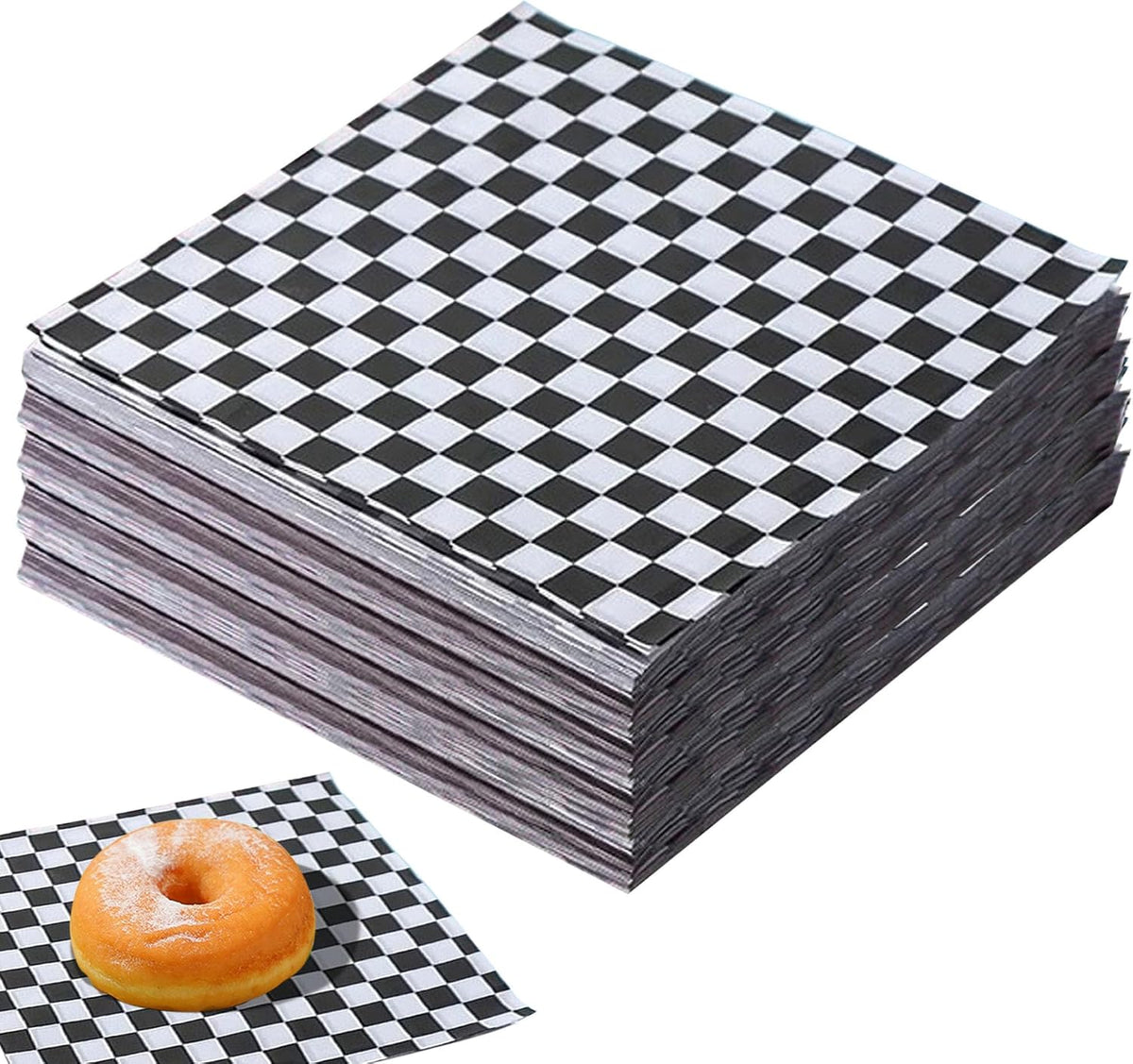 100Pcs Wax Paper Sheets for Food, 7x7 Inch Black and White Checked Deli Paper Lines for Plastic Food Basket, Grease Resistant for Wrapping Bread Burgers and Sandwiches