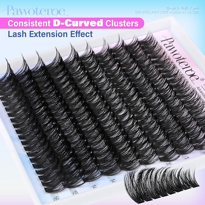 Pawotence Lash Clusters 200pcs Individual Lashes 50D Cluster Eyelash Extensions 9-16mm Eyelash Clusters Lash Extensions for Self Application (50D, 0.07D, 9-16mm Refill)