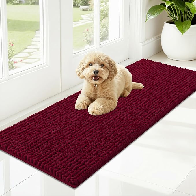 OLANLY Dog Door Mat for Muddy Paws 47x17, Ultra Absorbent Chenille Mud Doormat, Non-Slip Washable and Dirt Trapping Doormat for Indoor Entryway, Quick-Dry Indoor Pet Bed Mats for Dogs, Burgundy