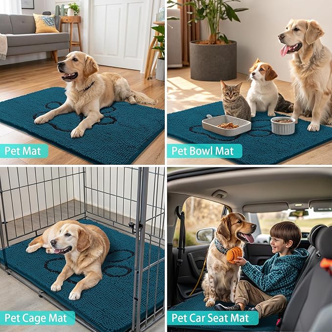 Smiry Dog Door Mat for Muddy Paws, Absorbent Dirt Trapper Non Slip Quick Dry Washable Chenille Mat for Mud Dogs, Entry Rug for Indoor and Outdoor (48x30 Inches, Atlantic Blue and Black)