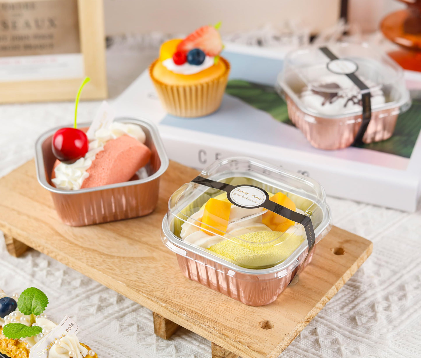 NPLUX 50 Pack Mini Cake Pans with Lids and Spoons Aluminum Foil Pans Square Cake Tins for Bakery Party Wedding (Champagne Color,5 oz)