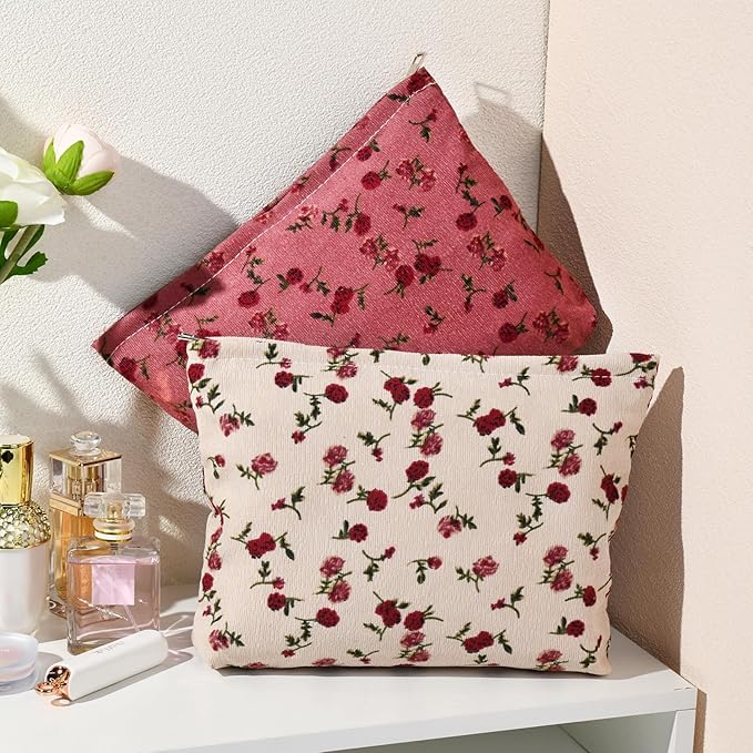 SOIDRAM 2 Pieces Rose Makeup Bag Large Corduroy Cosmetic Bag Capacity Canvas Travel Toiletry Bag Organizer Cute Makeup Brushes Aesthetic Accessories Storage Bag for Women, Rose L White Pink