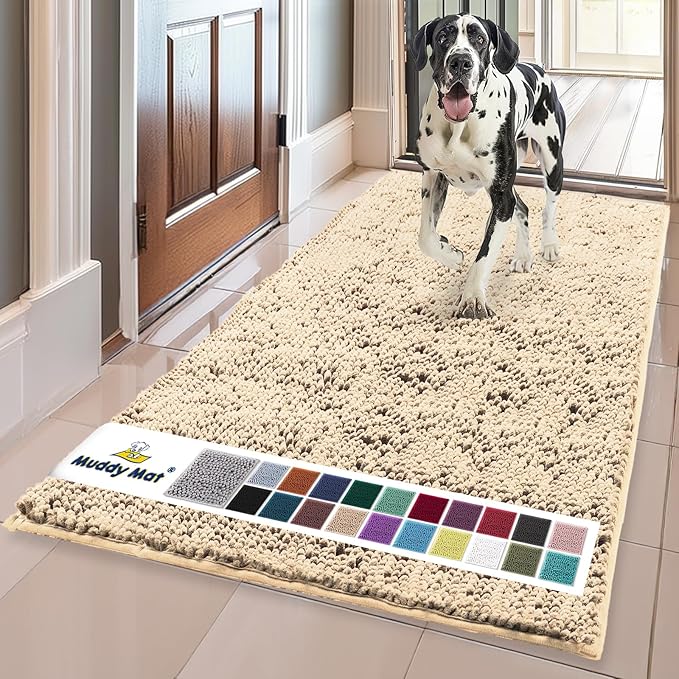 Muddy Mat® | Super Absorbent Door Mat Indoor, Microfiber Quick Dry Chenille Entryway Rug, Non-Slip Front Door Mat, Indoor Mats for Entryway, Machine Washable Pet Rug, Beige 3ft x 8ft