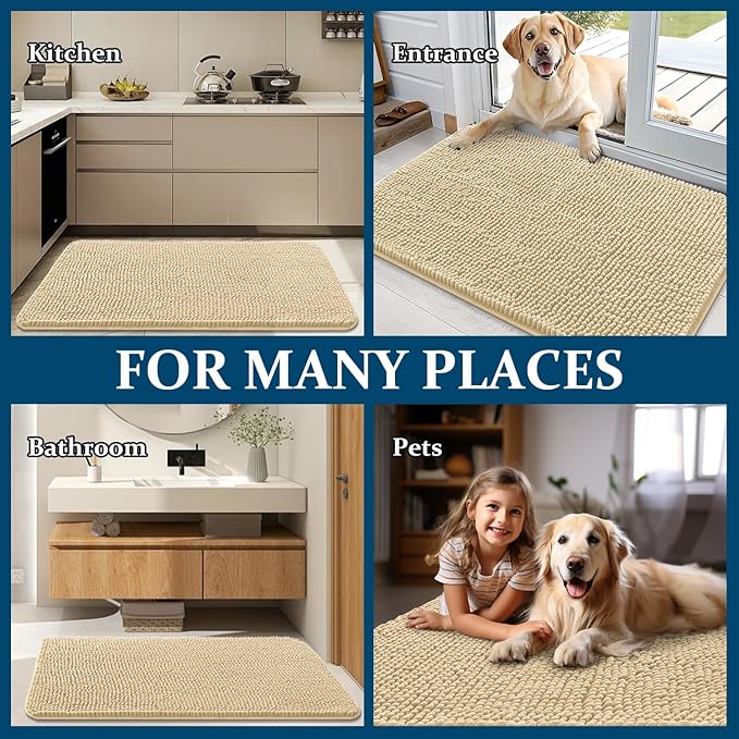 OLANLY Dog Door Mat for Muddy Paws 59x24, Absorbs Moisture and Dirt, Absorbent Non-Slip Washable Doormat, Quick Dry Chenille Mud Mat for Dogs, Entry Indoor Entryway Carpet for Inside Floor, Sand