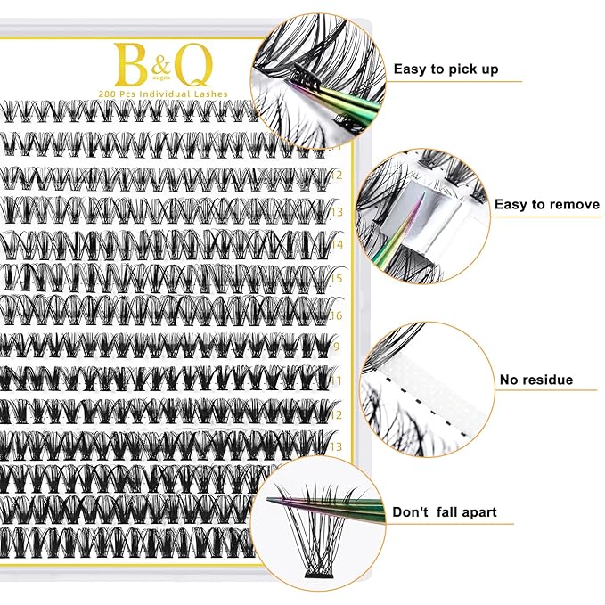 B&Qaugen Lash Clusters 30D 50D-D-9-16MIX LASH Individual Lashes 280 False Eyelash 9-16MIX Extensions Cluster DIY at Home (30D 50DD-9-16MIX)