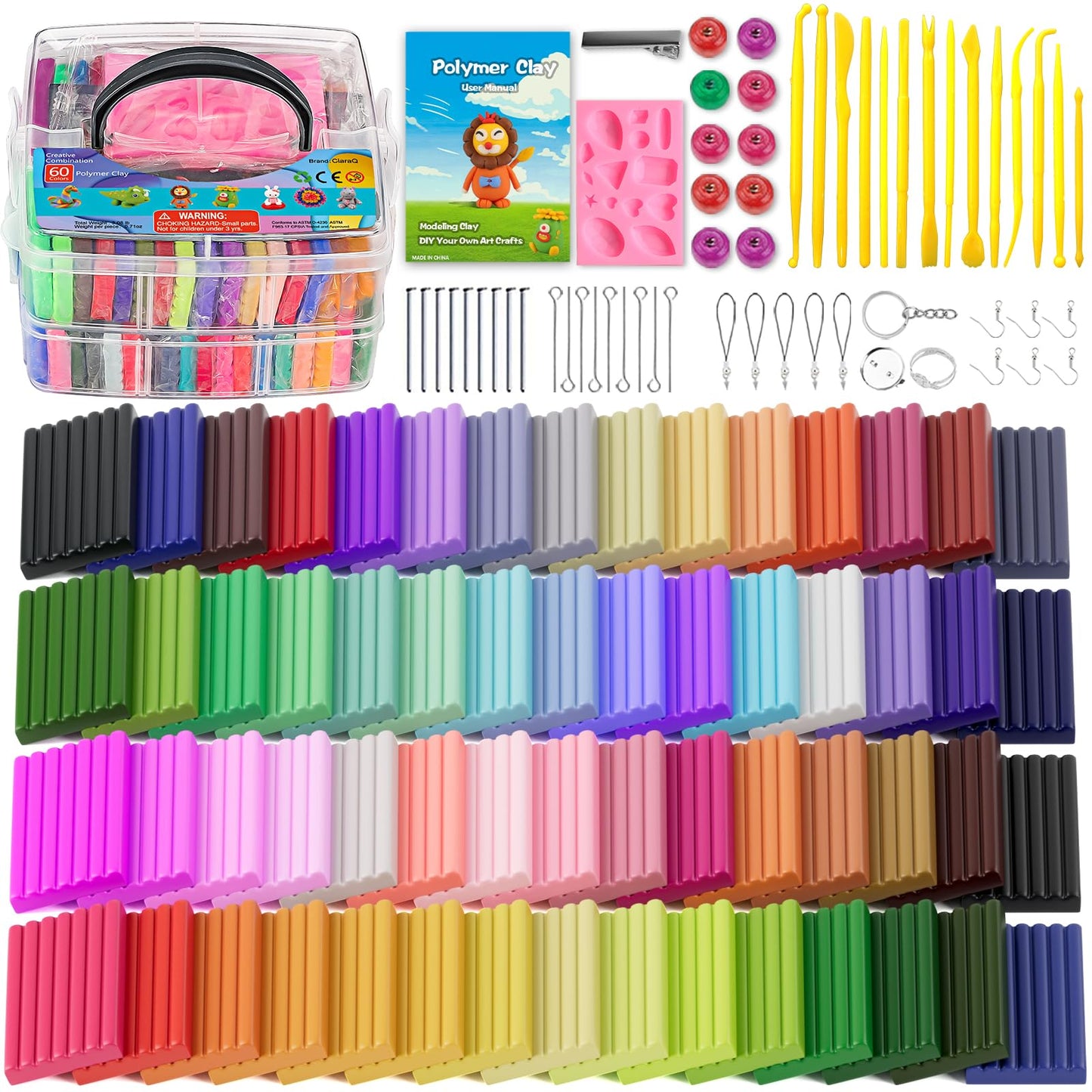 CiaraQ Polymer Clay Starter kit, Oven Bake Modeling Clay with Sculpting Tools, 60 Colors, 3.24 lb