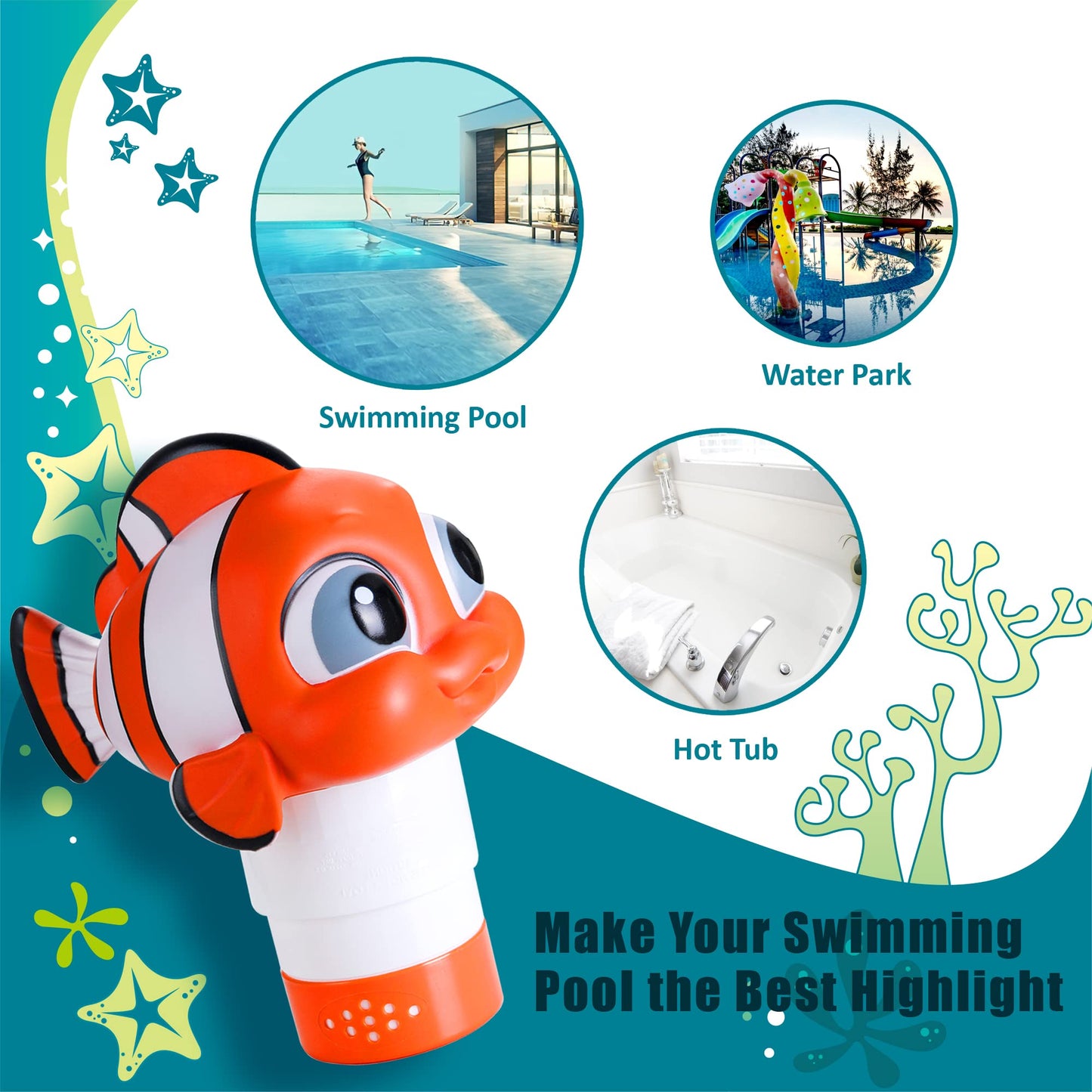 MKLZ Chlorine Floater, Floating Pool Chlorine Dispenser, Fits 1 and 3 Inch Tablets & Bromine Holder for Large/Small Pools, Hot Tub, Spa - Clown Fish