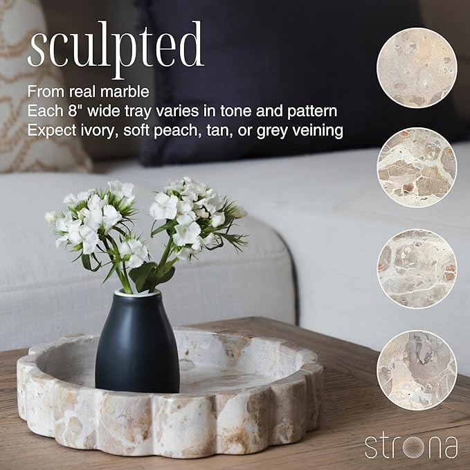 Beige Scalloped Marble Tray - 8 Inch Round Stone Vanity Tray for Perfume & Jewelry, Marble Dish for Bathroom Countertop & Kitchen Counter, Brown Decorative Tray for Bathroom & Kitchen, Modern Catchall