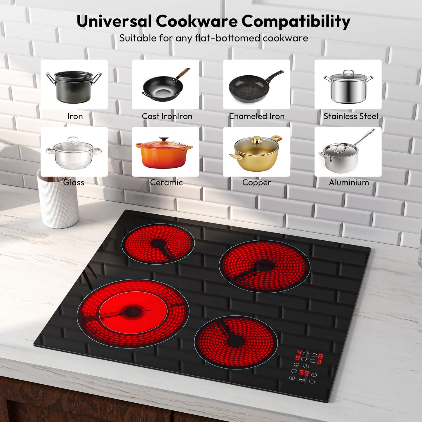 Empava 24 Inch Electric Cooktop, 4 Burners with Dual-Ring Zone, Timer, Child Lock, Stop & Go, Built-in Ceramic Glass, 208~240V Hardwired