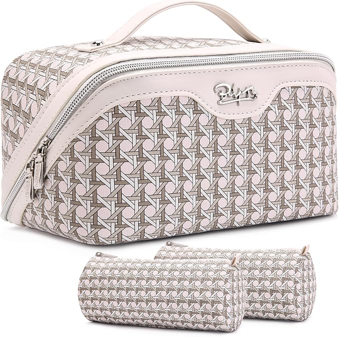 BOYATU Travel Makeup Bag Cosmetic Bags for Women: Large Capacity 3 Pcs Set Make up Bag with Compartments - Waterproof Vegan Leather Toiletry Organizer Bags with Handle (M-80Off-white)