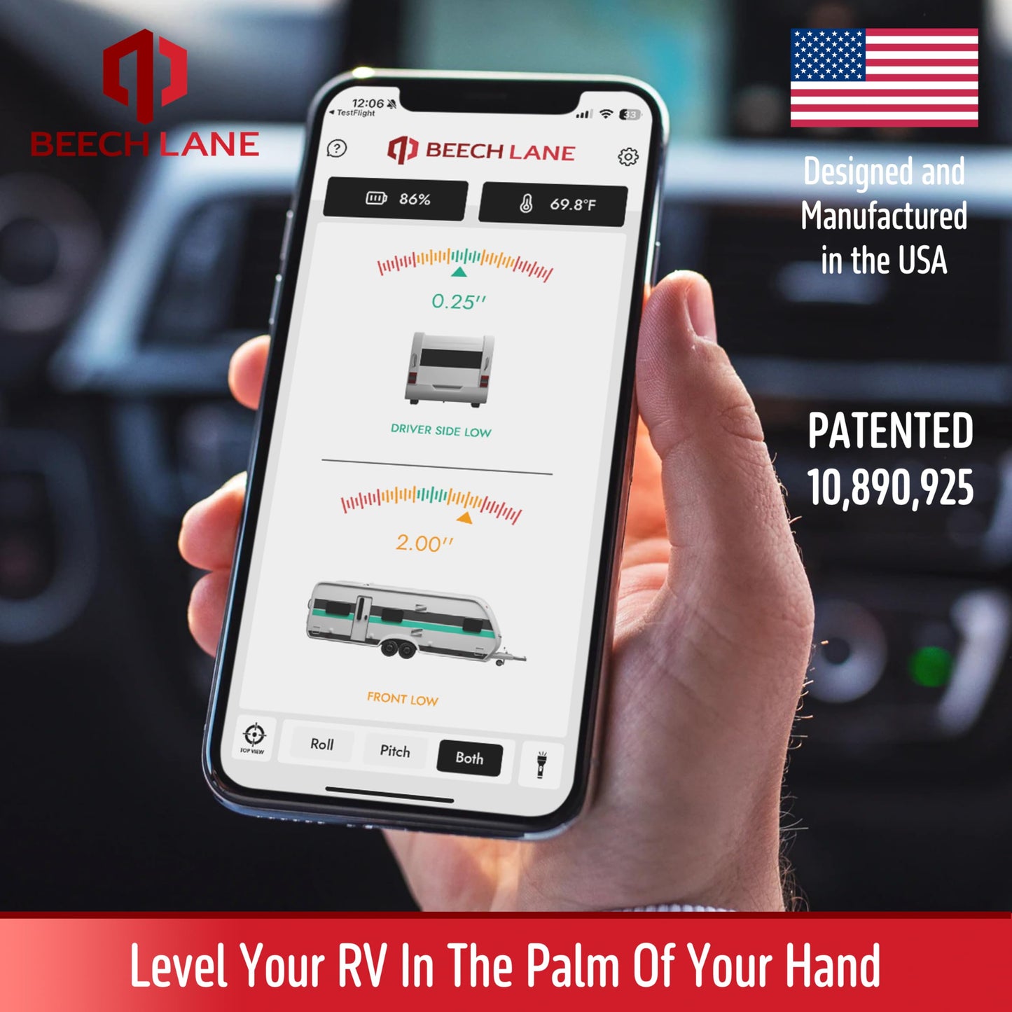 Beech Lane Wireless RV Leveling System, Made in the USA, User-Friendly Phone App With Real-Time Precise Leveling Measurements, Advanced Wireless Camper Leveler, Included AA Batteries, Patented