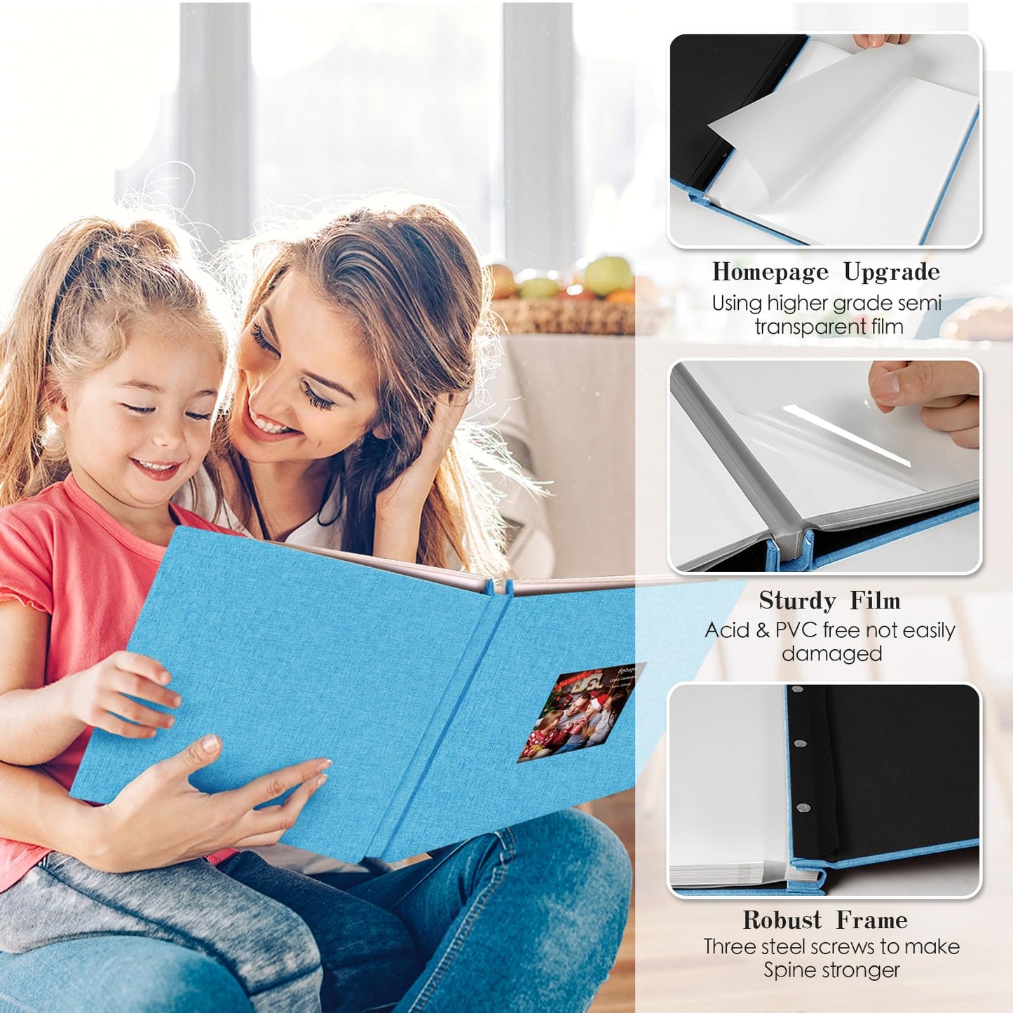 Spbapr Large Photo Album Self Adhesive 60 Pages Linen cover DIY Magnetic Scrapbook album with A Metal Pen Hold 3x5 4x6 5x7 6x8 8x10 Pictures